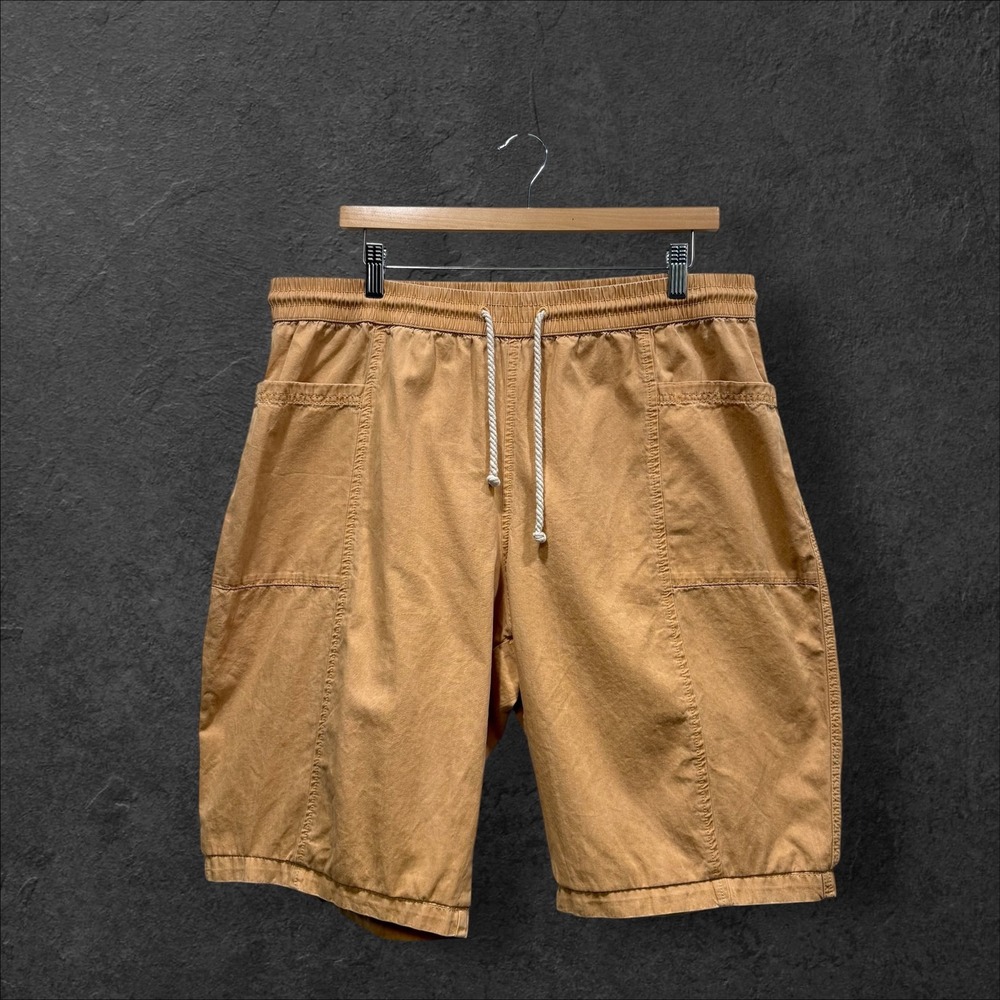 Pact Mens XL Organic Cotton Drawstring Cargo Shorts Caramel Tan Relaxed Fit